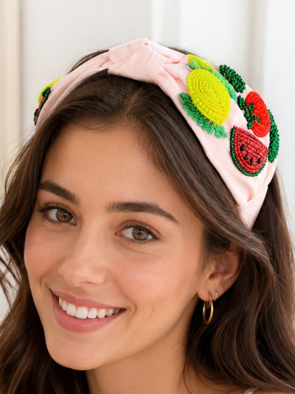 FRUIT Theme Sparkle Sequin & Seed Beaded Blush Pink Fabric Top Knot Headband NEW